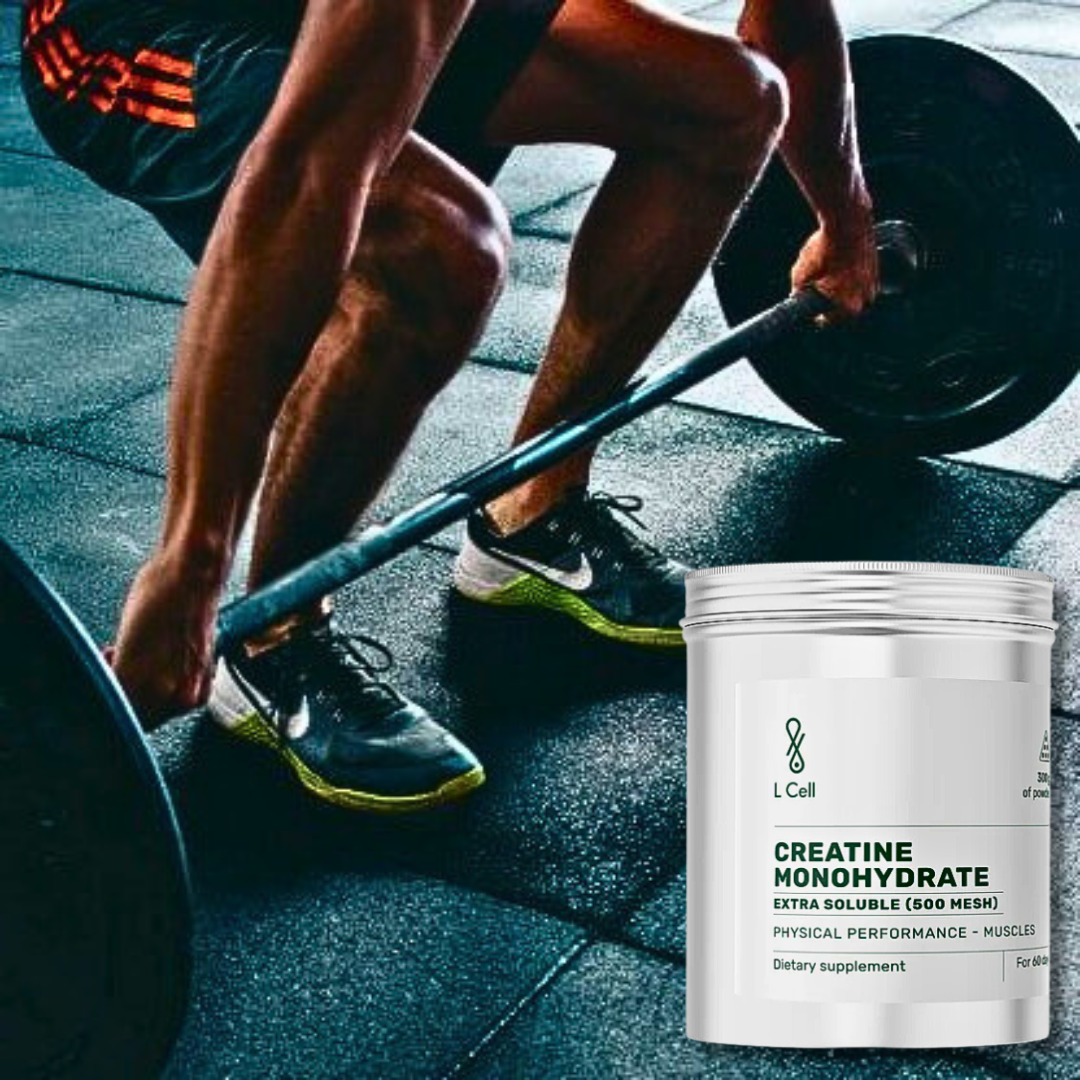 Close-up of a weightlifter setting up a barbell in a gym with an L-Cell Creatine Monohydrate container in the foreground